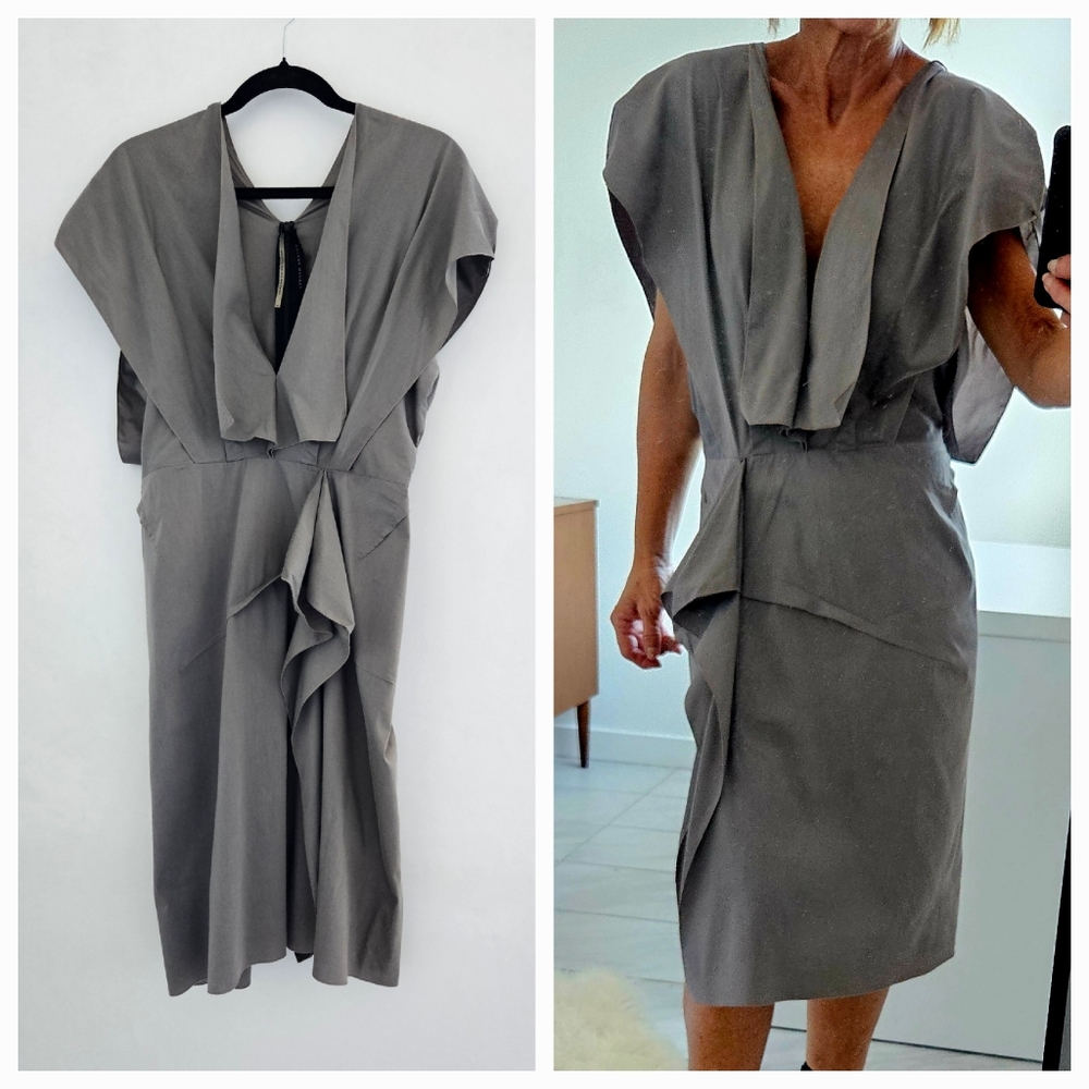 Roland Mouret Ash With Black Back Zipper Architectual Puckered Shoulder Dress